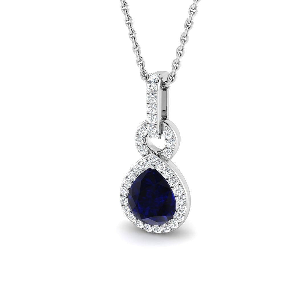 Blue Sapphire Pendant Necklace with Pear Halo in 10K/14K gold and platinum with certified lab-grown or natural diamonds