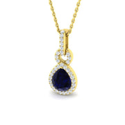 Blue Sapphire Pendant Necklace with Pear Halo in 10K/14K gold and platinum with certified lab-grown or natural diamonds