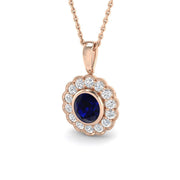 Blue Sapphire Pendant Necklace with Vintage Diamond Halo in 10K/14K gold and platinum with certified lab-grown or natural diamonds