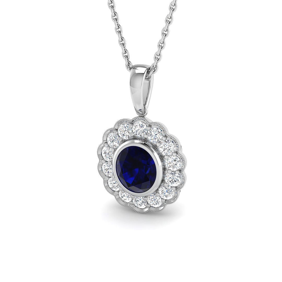 Blue Sapphire Pendant Necklace with Vintage Diamond Halo in 10K/14K gold and platinum with certified lab-grown or natural diamonds