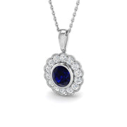 Blue Sapphire Pendant Necklace with Vintage Diamond Halo in 10K/14K gold and platinum with certified lab-grown or natural diamonds