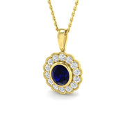 Blue Sapphire Pendant Necklace with Vintage Diamond Halo in 10K/14K gold and platinum with certified lab-grown or natural diamonds