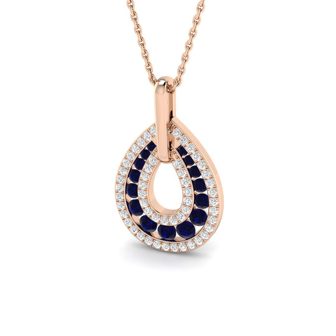 Blue Sapphire Pendant Necklace with Diamond Teardrop Halo in 10K/14K gold and platinum with certified lab-grown or natural diamonds