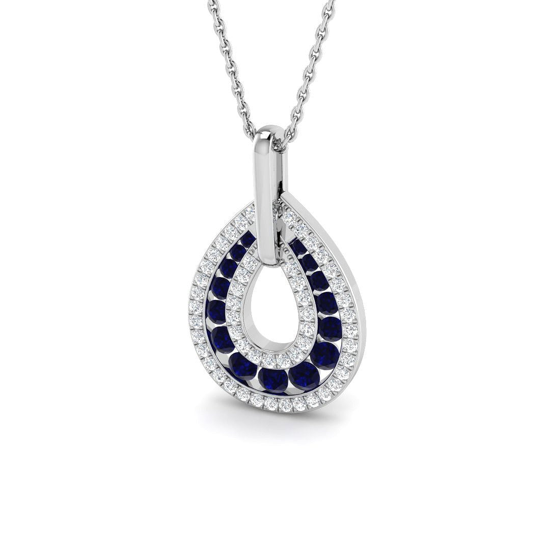 Blue Sapphire Pendant Necklace with Diamond Teardrop Halo in 10K/14K gold and platinum with certified lab-grown or natural diamonds