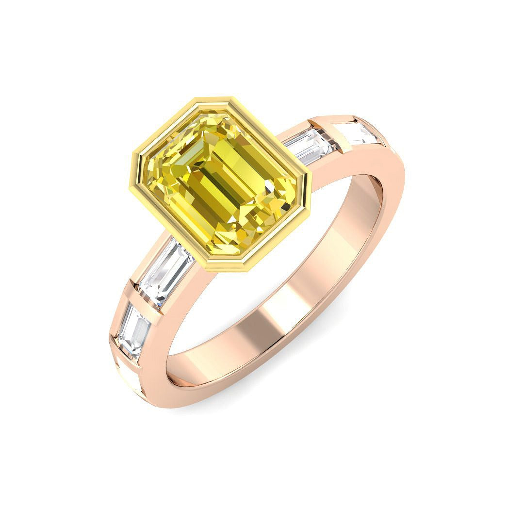 Natural Emerald Cut Yellow Diamond Bezel Set Engagement Ring with Baguette Side Stones in 10K/14K gold and platinum with certified lab-grown or natural diamonds