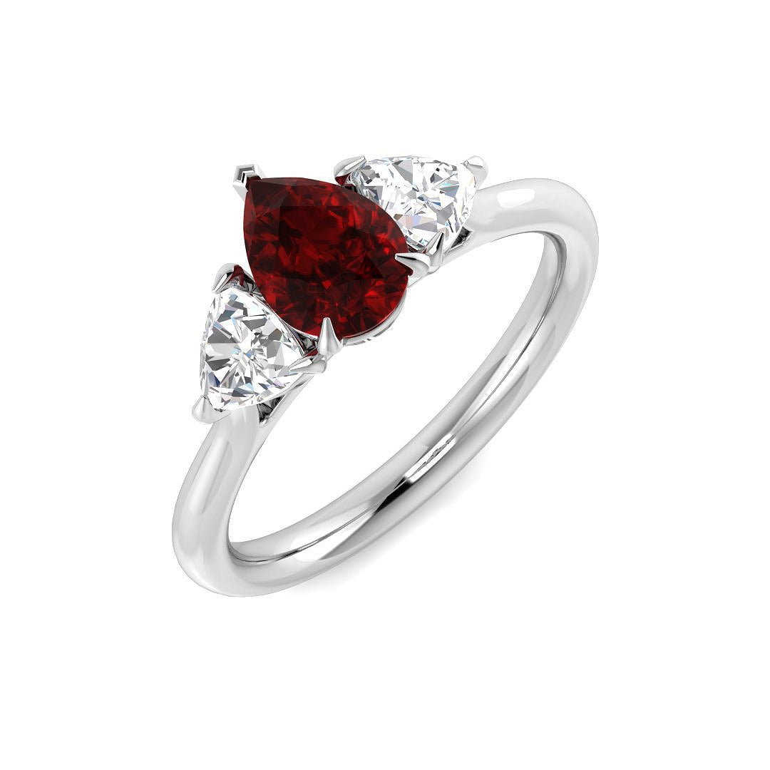 Ruby Trilogy Ring with Pear Cut Ruby & Trillion Diamond Side Stones in 10K/14K gold and platinum with certified lab-grown or natural diamonds