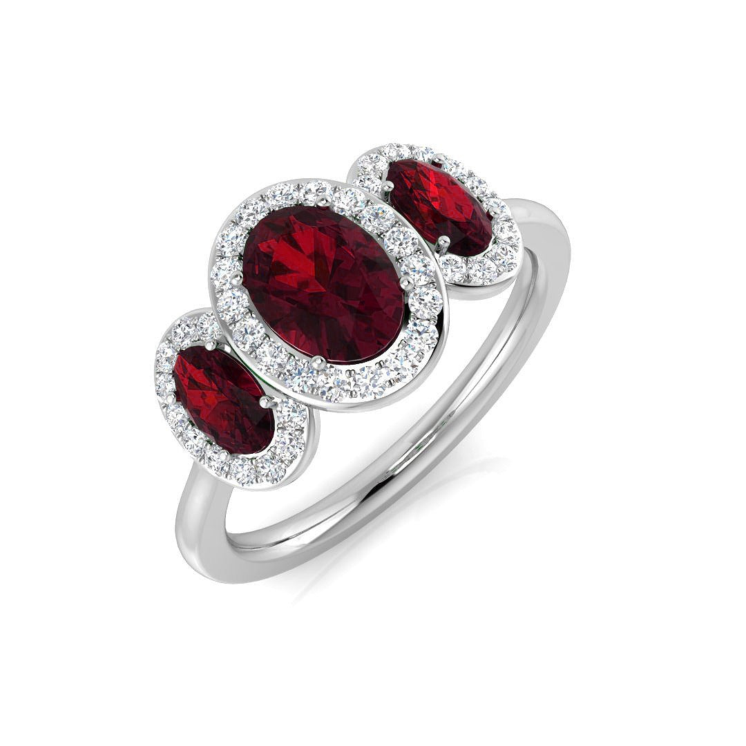 Ruby Ring Oval Cut Trilogy Halo with Diamond Pave in 10K/14K gold and platinum with certified lab-grown or natural diamonds