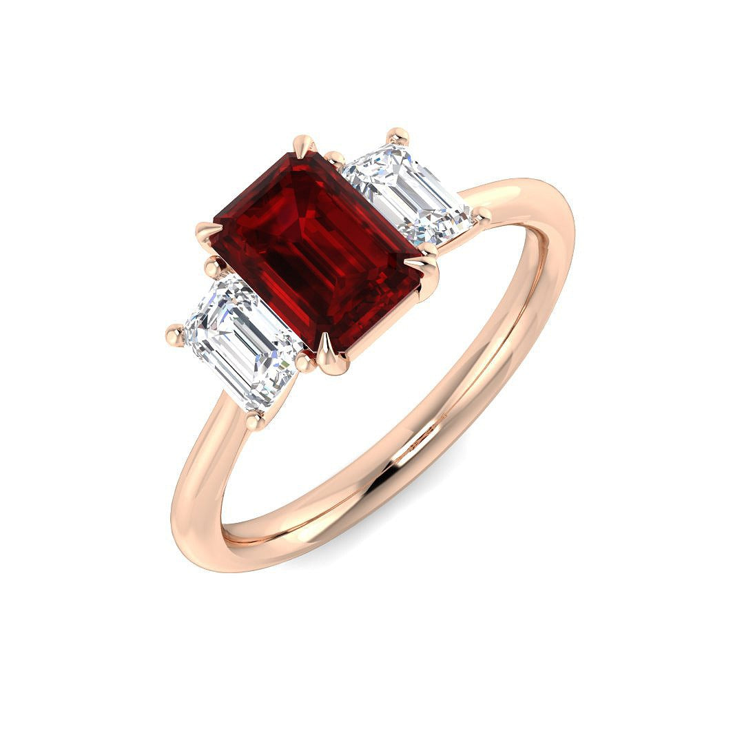 Ruby Three Stone Ring with Emerald Cut Diamond Side Stones in 10K/14K gold and platinum with certified lab-grown or natural diamonds