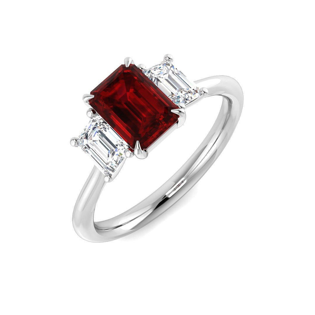 Ruby Three Stone Ring with Emerald Cut Diamond Side Stones in 10K/14K gold and platinum with certified lab-grown or natural diamonds