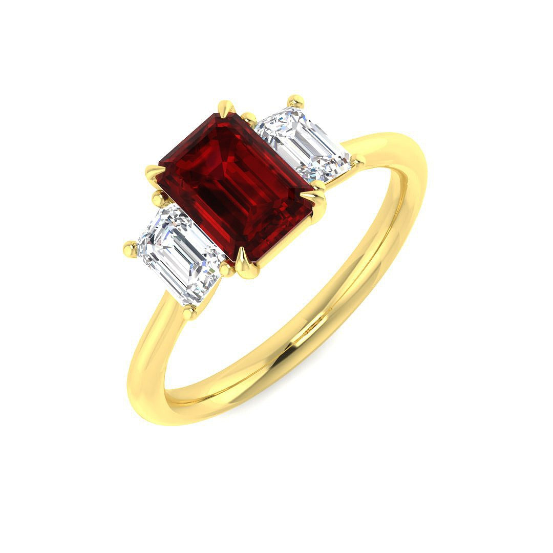 Ruby Three Stone Ring with Emerald Cut Diamond Side Stones in 10K/14K gold and platinum with certified lab-grown or natural diamonds