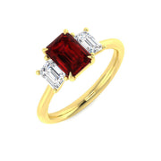 Ruby Three Stone Ring with Emerald Cut Diamond Side Stones in 10K/14K gold and platinum with certified lab-grown or natural diamonds