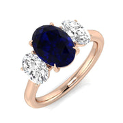 Oval Blue Sapphire Three Stone Ring with Diamond Sides in 10K/14K gold and platinum with certified lab-grown or natural diamonds