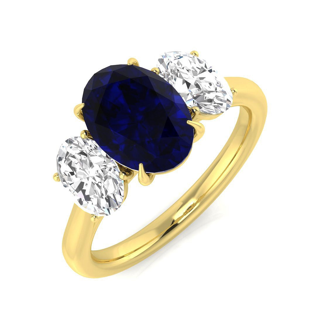 Oval Blue Sapphire Three Stone Ring with Diamond Sides in 10K/14K gold and platinum with certified lab-grown or natural diamonds