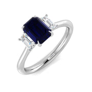 Blue Sapphire Trilogy Ring with Baguette Diamonds in 10K/14K gold and platinum with certified lab-grown or natural diamonds