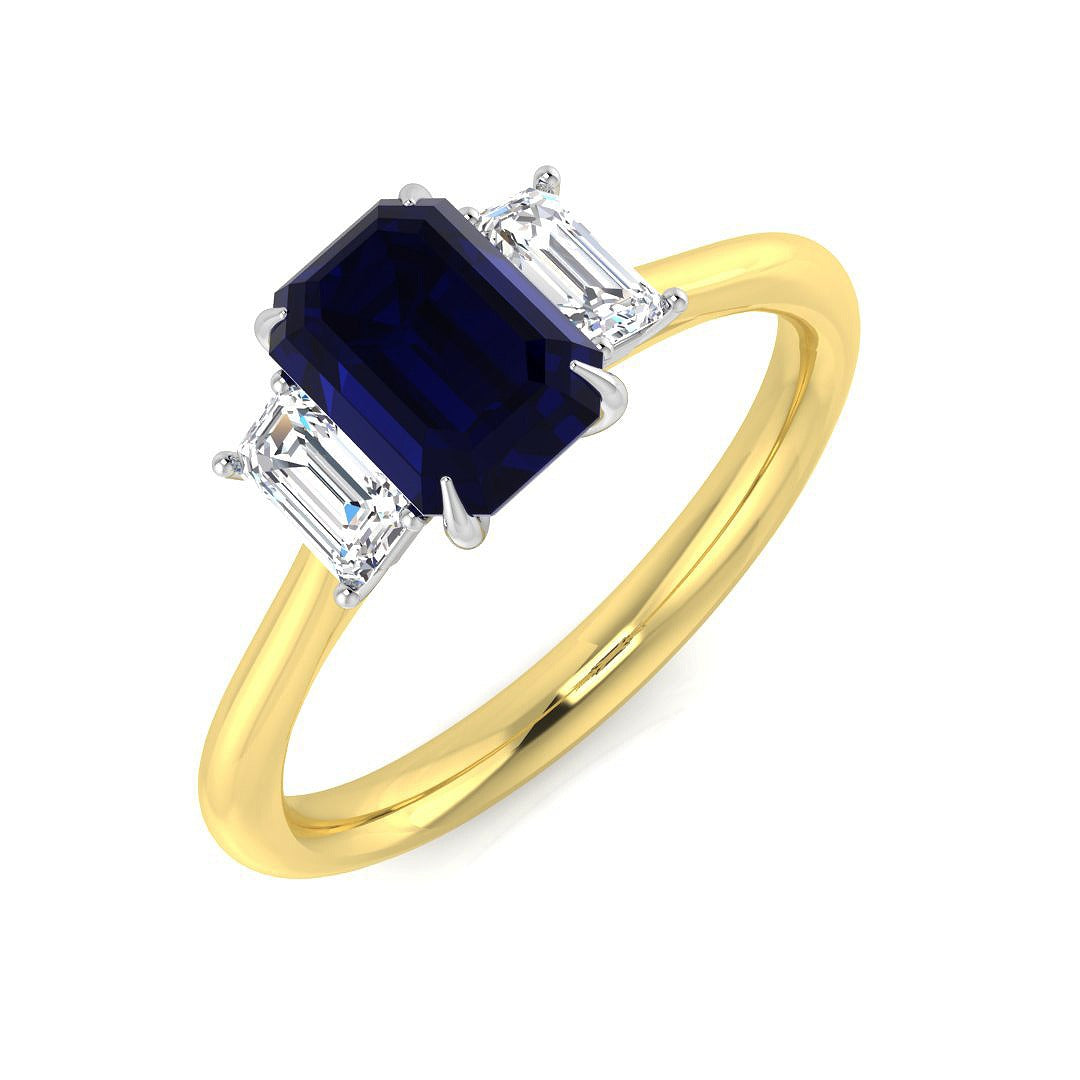 Blue Sapphire Trilogy Ring with Baguette Diamonds in 10K/14K gold and platinum with certified lab-grown or natural diamonds