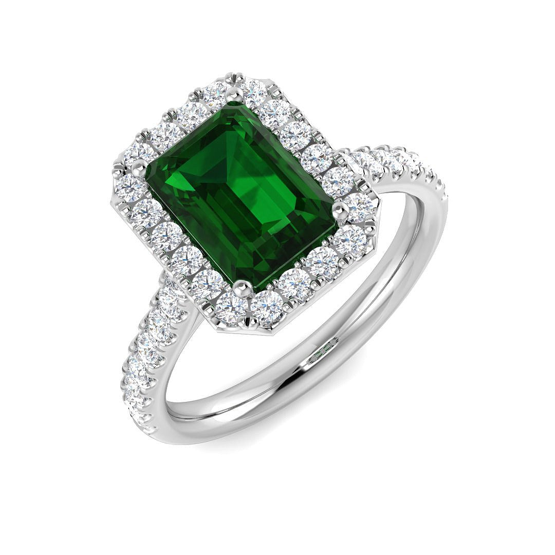 Solitaire Emerald Ring with Round Diamond Accents in 10K/14K gold and platinum with certified lab-grown or natural diamonds