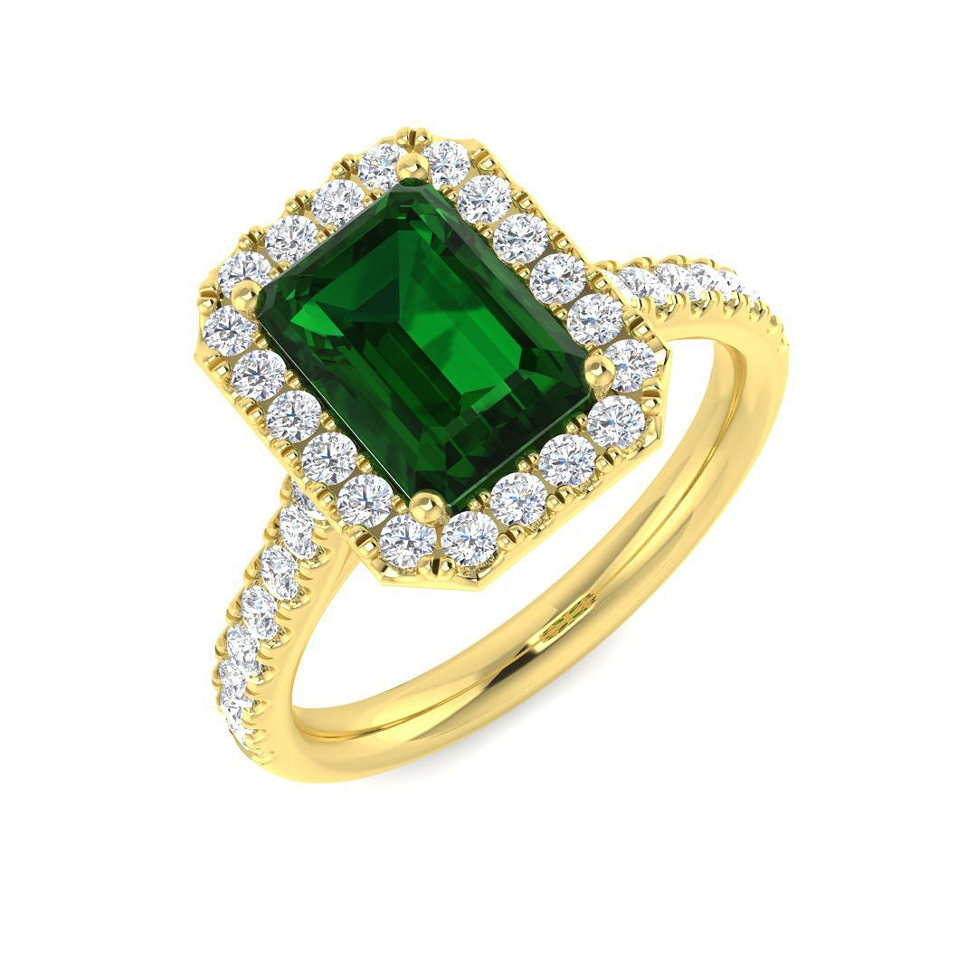 Solitaire Emerald Ring with Round Diamond Accents in 10K/14K gold and platinum with certified lab-grown or natural diamonds