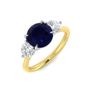 Round Sapphire Three Stone Engagement Ring in 10K/14K gold and platinum with certified lab-grown or natural diamonds