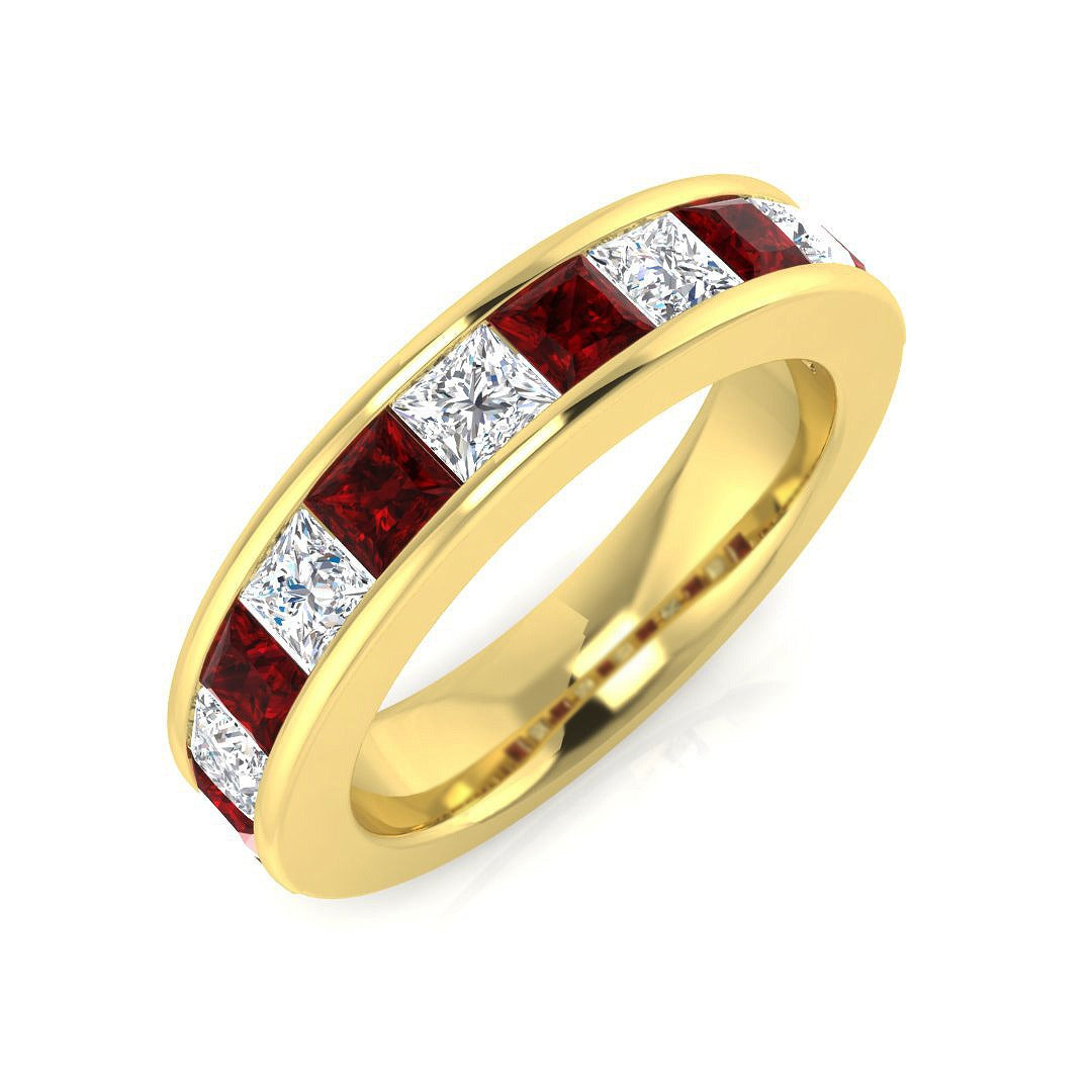 Ruby Half Eternity Ring with Princess Cut Diamonds in 10K/14K gold and platinum with certified lab-grown or natural diamonds