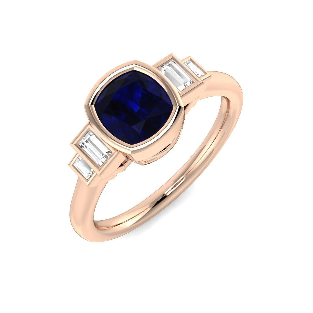 Bezel Set Cushion Blue Sapphire Three Stone Diamond Engagement Ring in 10K/14K gold and platinum with certified lab-grown or natural diamonds