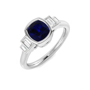 Bezel Set Cushion Blue Sapphire Three Stone Diamond Engagement Ring in 10K/14K gold and platinum with certified lab-grown or natural diamonds
