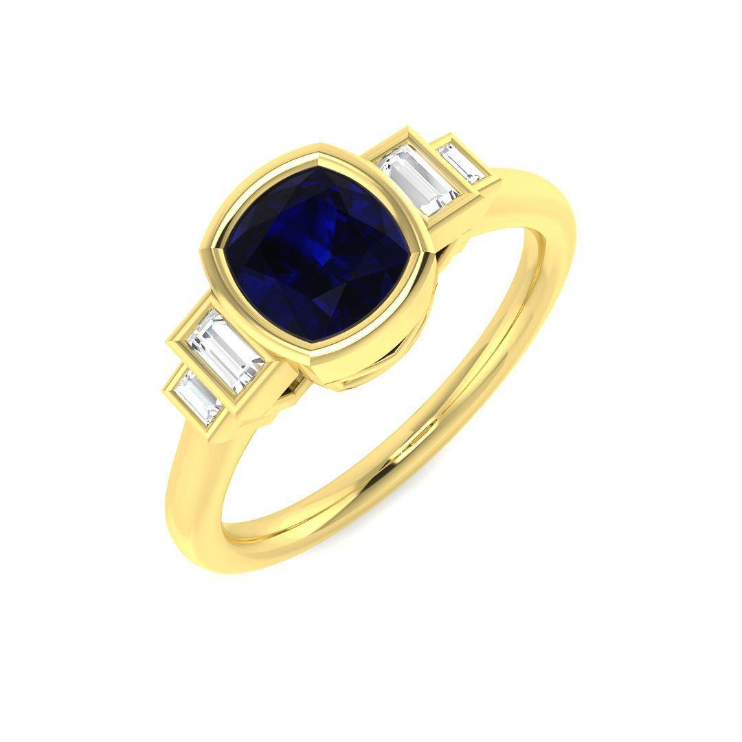 Bezel Set Cushion Blue Sapphire Three Stone Diamond Engagement Ring in 10K/14K gold and platinum with certified lab-grown or natural diamonds
