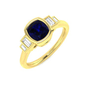 Bezel Set Cushion Blue Sapphire Three Stone Diamond Engagement Ring in 10K/14K gold and platinum with certified lab-grown or natural diamonds