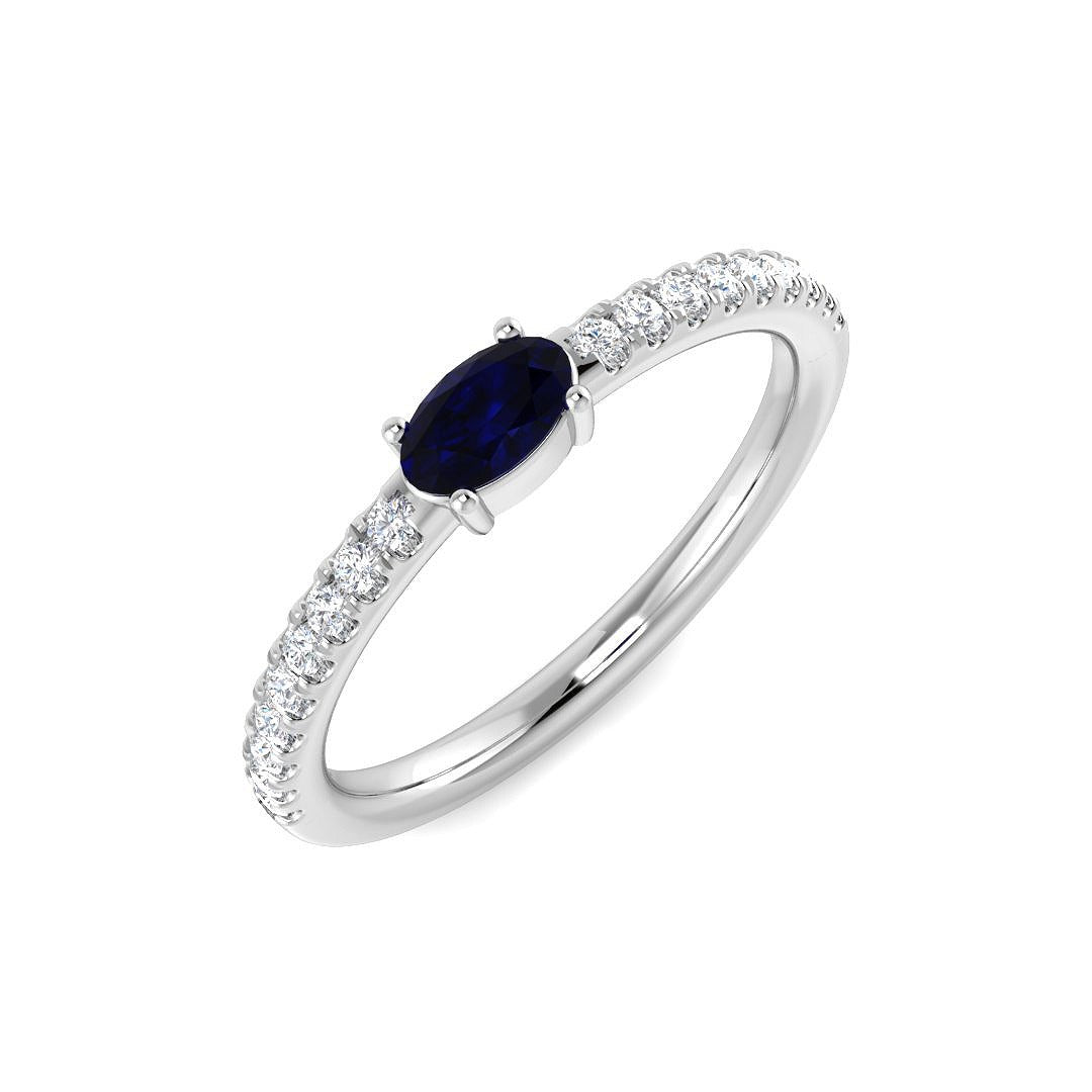 Oval Blue Sapphire Solitaire Ring with Diamond Pave Band in 10K/14K gold and platinum with certified lab-grown or natural diamonds