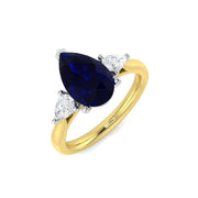Blue Sapphire Three Stone Ring Pear Cut Trilogy with Natural Diamonds in 10K/14K gold and platinum with certified lab-grown or natural diamonds