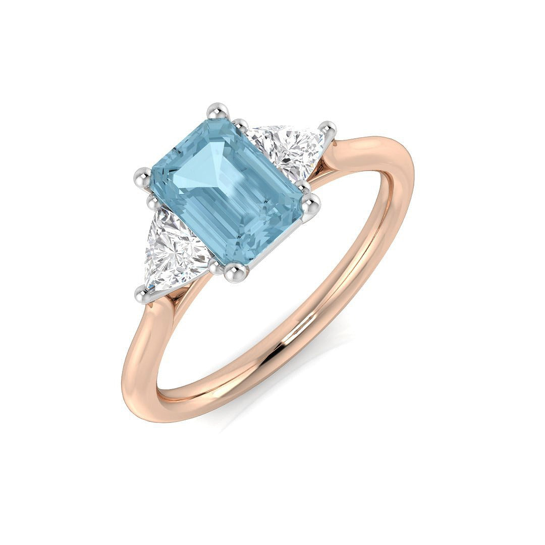 Emerald Cut Aquamarine Ring with Trillion Cut Diamonds - UK Made in 10K/14K gold and platinum with certified lab-grown or natural diamonds