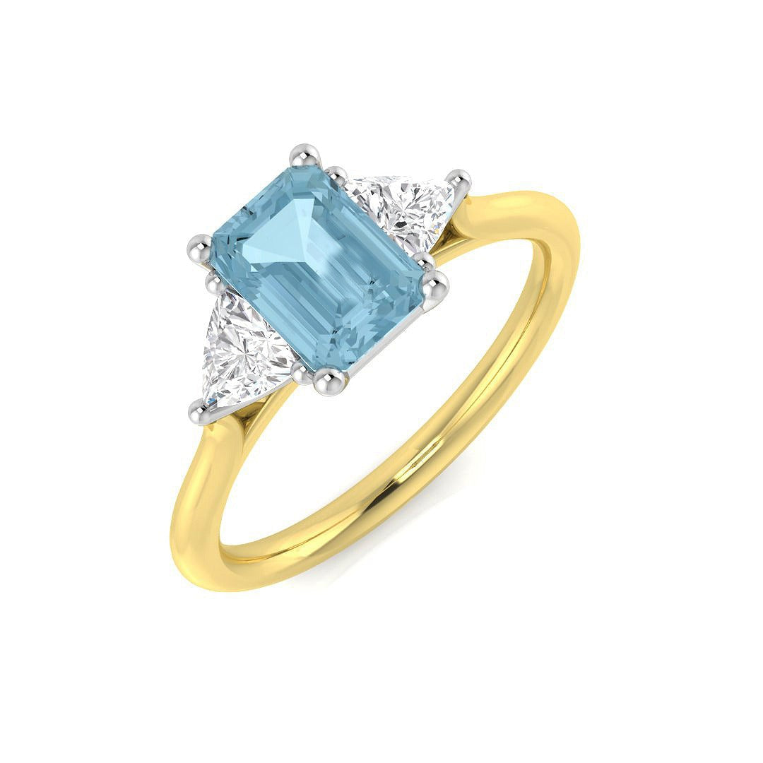 Emerald Cut Aquamarine Ring with Trillion Cut Diamonds - UK Made in 10K/14K gold and platinum with certified lab-grown or natural diamonds