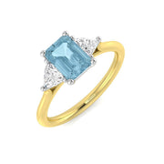 Emerald Cut Aquamarine Ring with Trillion Cut Diamonds - UK Made in 10K/14K gold and platinum with certified lab-grown or natural diamonds