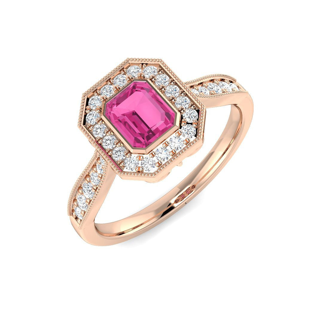 Pink Sapphire Halo Ring with Pave Diamonds Vintage Milgrain in 10K/14K gold and platinum with certified lab-grown or natural diamonds