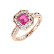 Pink Sapphire Halo Ring with Pave Diamonds Vintage Milgrain in 10K/14K gold and platinum with certified lab-grown or natural diamonds