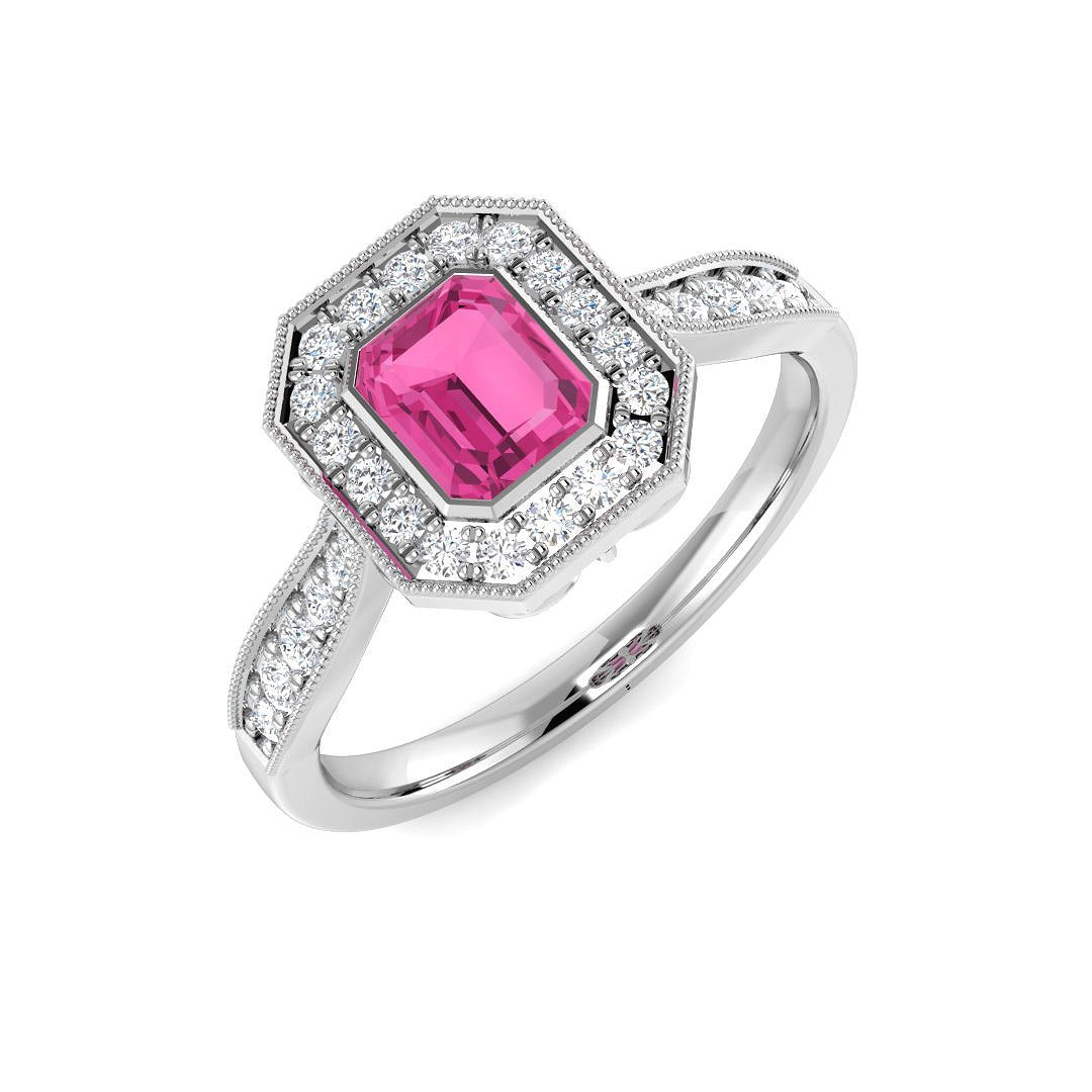 Pink Sapphire Halo Ring with Pave Diamonds Vintage Milgrain in 10K/14K gold and platinum with certified lab-grown or natural diamonds