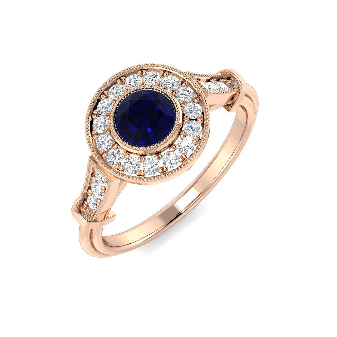 Vintage Round Blue Sapphire Double Halo Ring with Diamond Split Shoulders in 10K/14K gold and platinum with certified lab-grown or natural diamonds