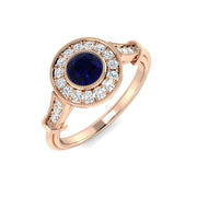Vintage Round Blue Sapphire Double Halo Ring with Diamond Split Shoulders in 10K/14K gold and platinum with certified lab-grown or natural diamonds