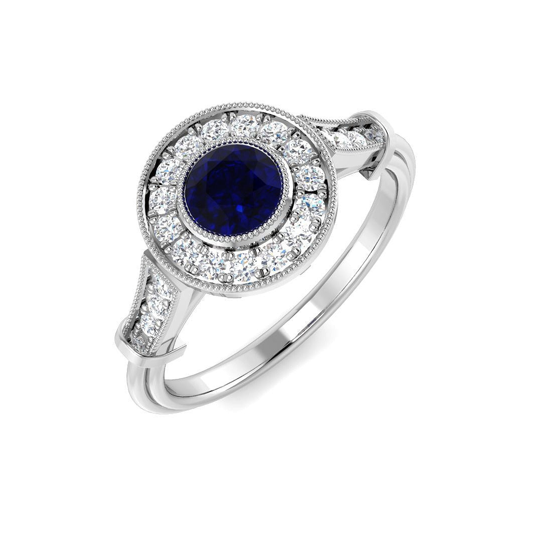Vintage Round Blue Sapphire Double Halo Ring with Diamond Split Shoulders in 10K/14K gold and platinum with certified lab-grown or natural diamonds