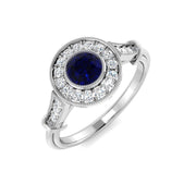 Vintage Round Blue Sapphire Double Halo Ring with Diamond Split Shoulders in 10K/14K gold and platinum with certified lab-grown or natural diamonds