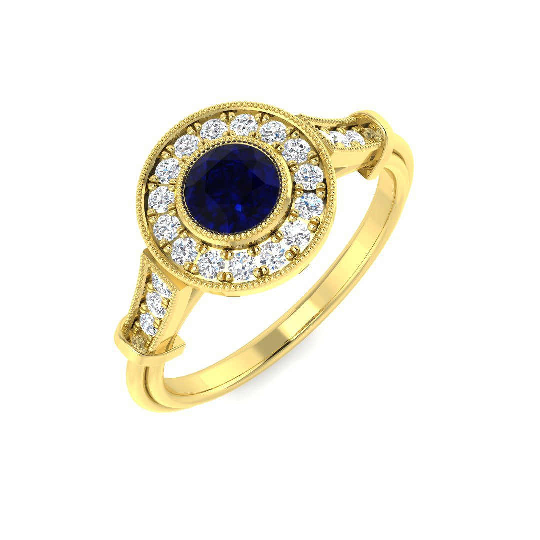 Vintage Round Blue Sapphire Double Halo Ring with Diamond Split Shoulders in 10K/14K gold and platinum with certified lab-grown or natural diamonds