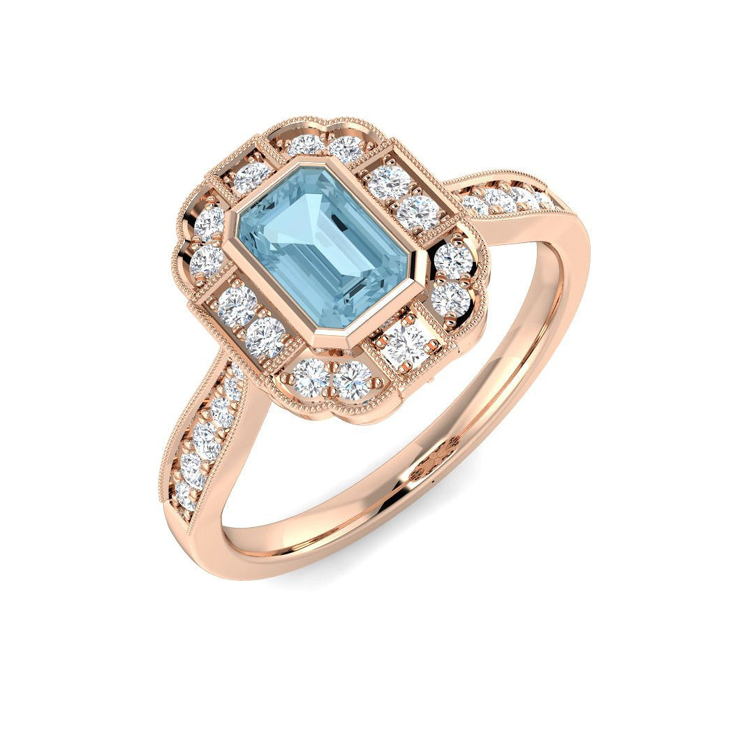Emerald Cut Aquamarine Ring with Round Pave Diamonds Milgrain Vintage in 10K/14K gold and platinum with certified lab-grown or natural diamonds