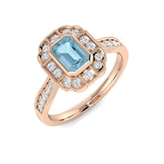 Emerald Cut Aquamarine Ring with Round Pave Diamonds Milgrain Vintage in 10K/14K gold and platinum with certified lab-grown or natural diamonds