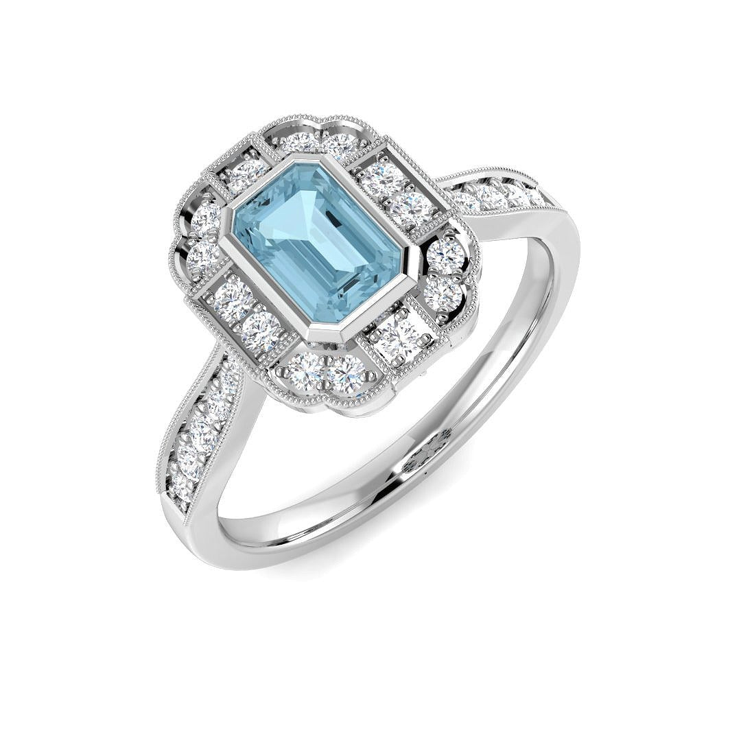 Emerald Cut Aquamarine Ring with Round Pave Diamonds Milgrain Vintage in 10K/14K gold and platinum with certified lab-grown or natural diamonds