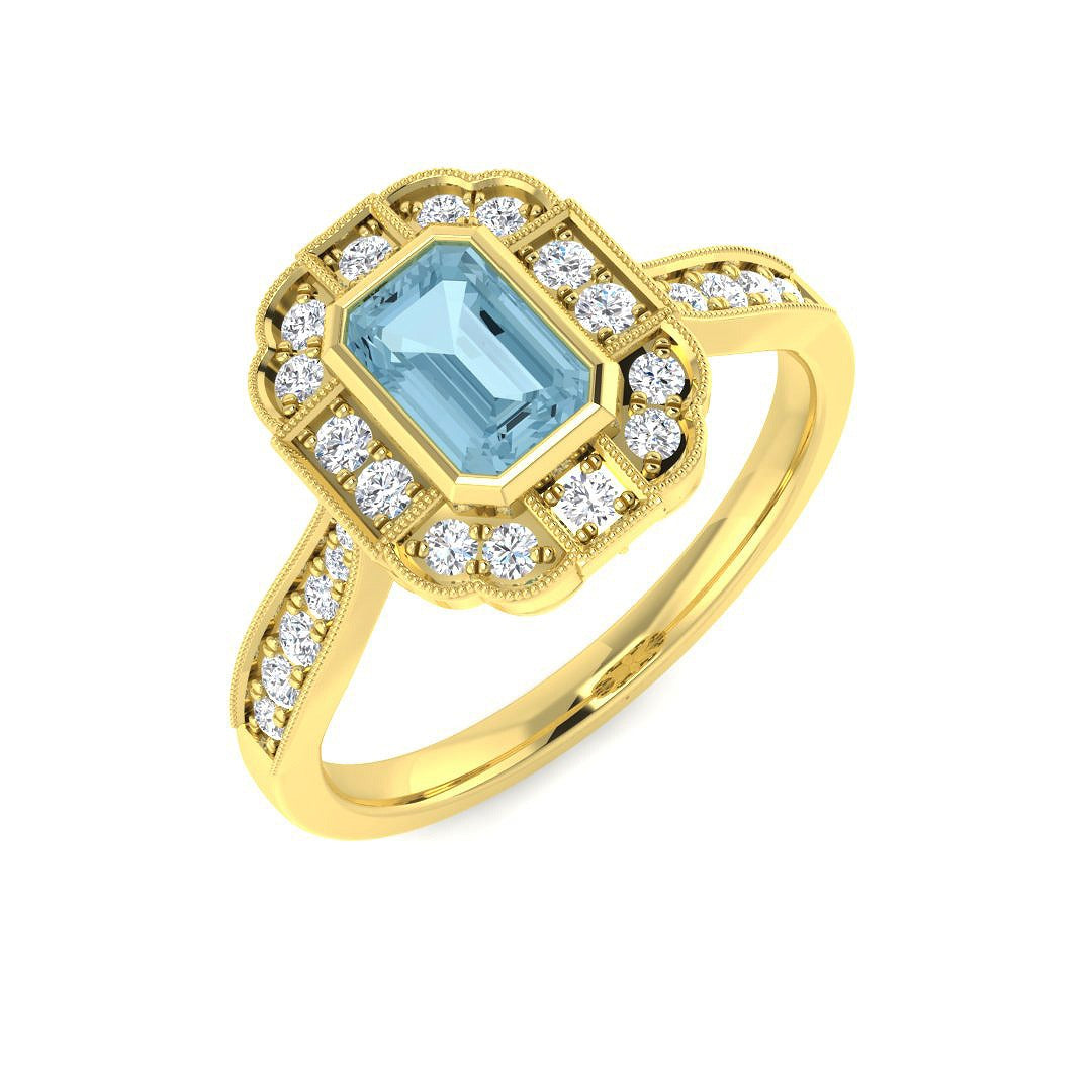 Emerald Cut Aquamarine Ring with Round Pave Diamonds Milgrain Vintage in 10K/14K gold and platinum with certified lab-grown or natural diamonds