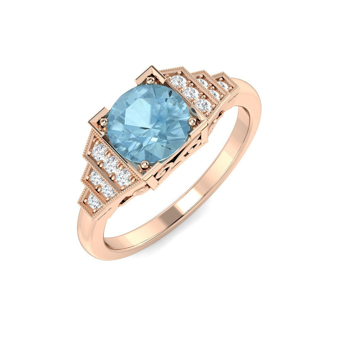 Round Cut Aquamarine Ring with Pave Diamond Side Accents in 10K/14K gold and platinum with certified lab-grown or natural diamonds