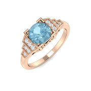 Round Cut Aquamarine Ring with Pave Diamond Side Accents in 10K/14K gold and platinum with certified lab-grown or natural diamonds