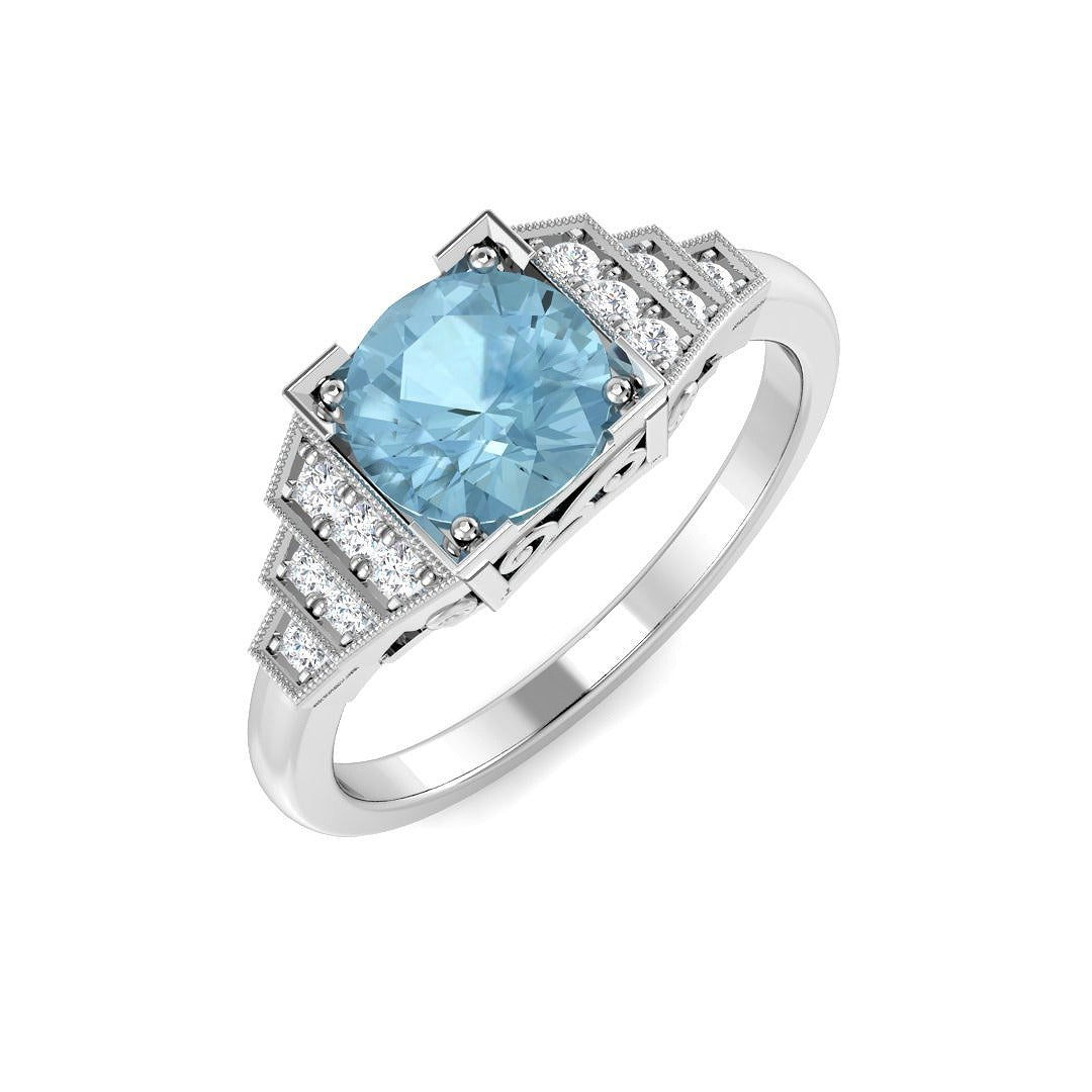 Round Cut Aquamarine Ring with Pave Diamond Side Accents in 10K/14K gold and platinum with certified lab-grown or natural diamonds