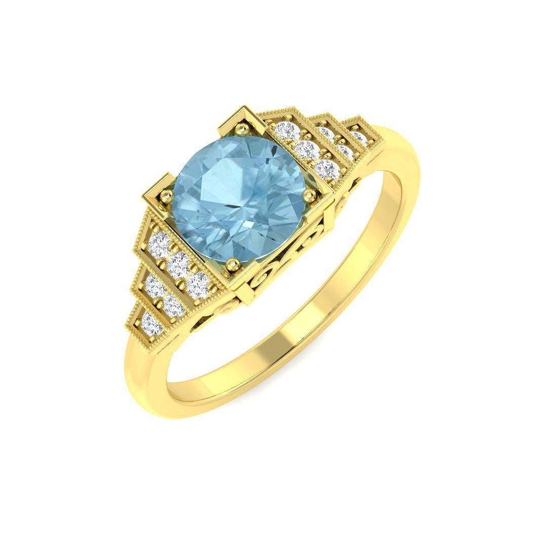 Round Cut Aquamarine Ring with Pave Diamond Side Accents in 10K/14K gold and platinum with certified lab-grown or natural diamonds