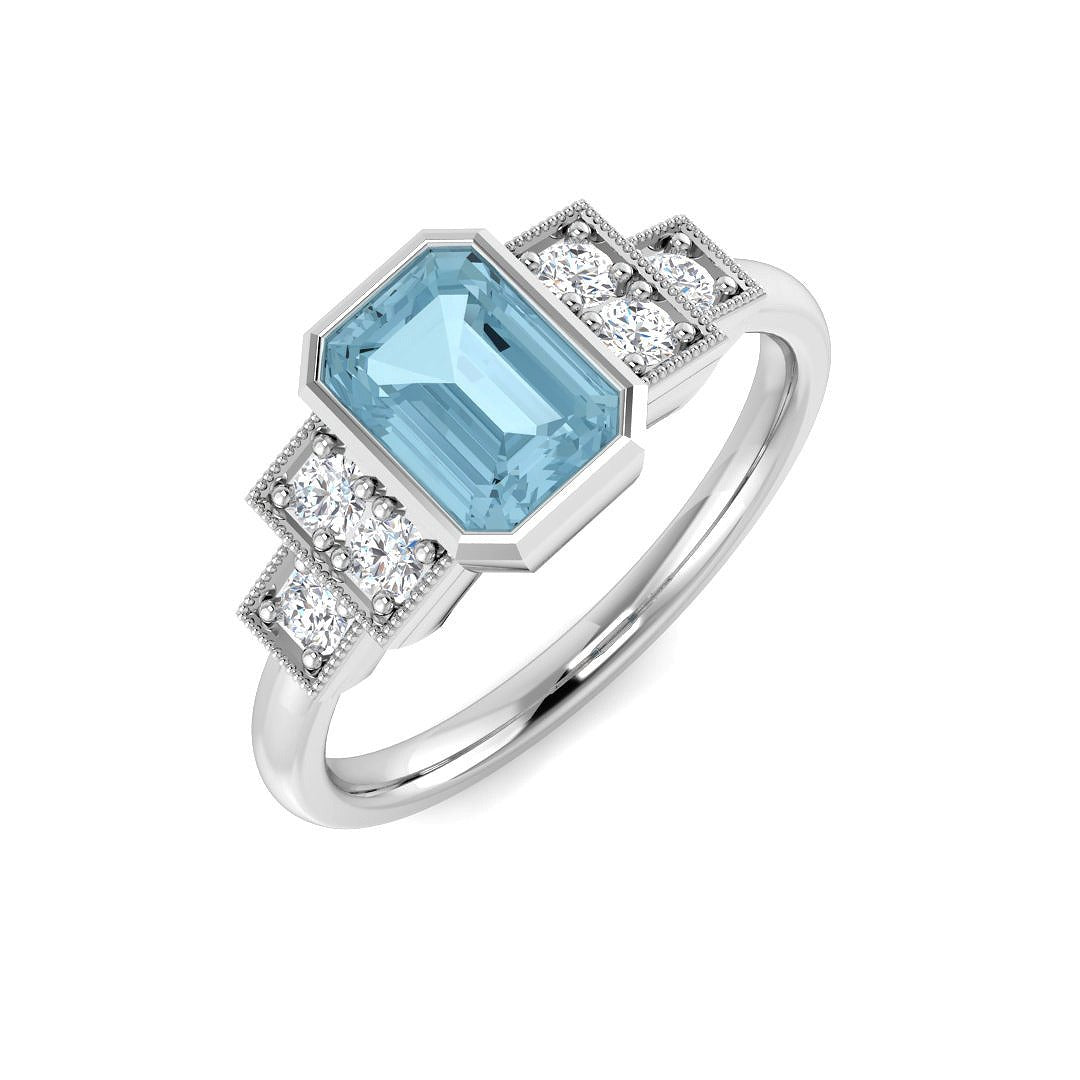 Emerald Cut Aquamarine Ring with Round Pave Diamonds in 10K/14K gold and platinum with certified lab-grown or natural diamonds