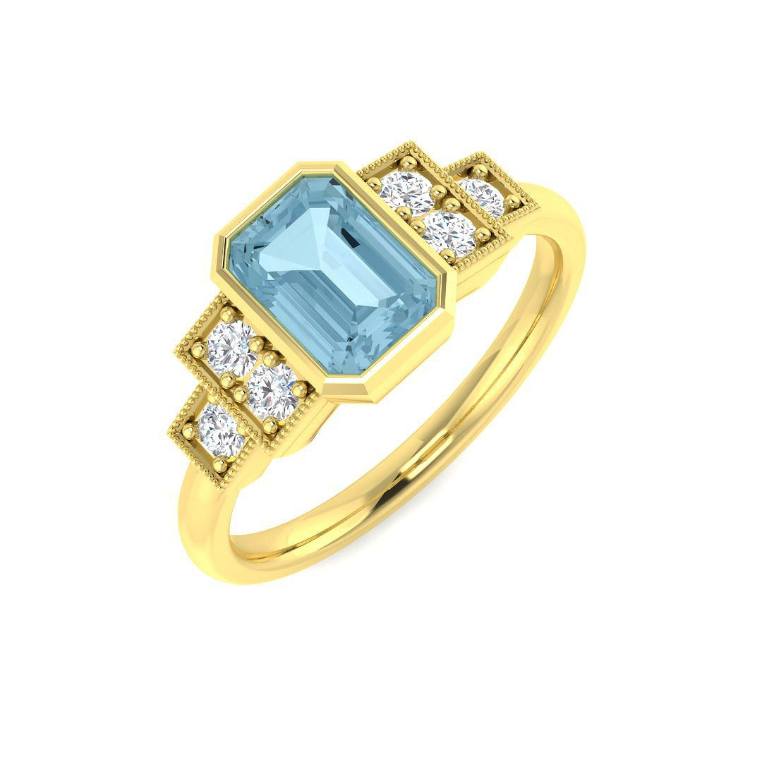 Emerald Cut Aquamarine Ring with Round Pave Diamonds in 10K/14K gold and platinum with certified lab-grown or natural diamonds